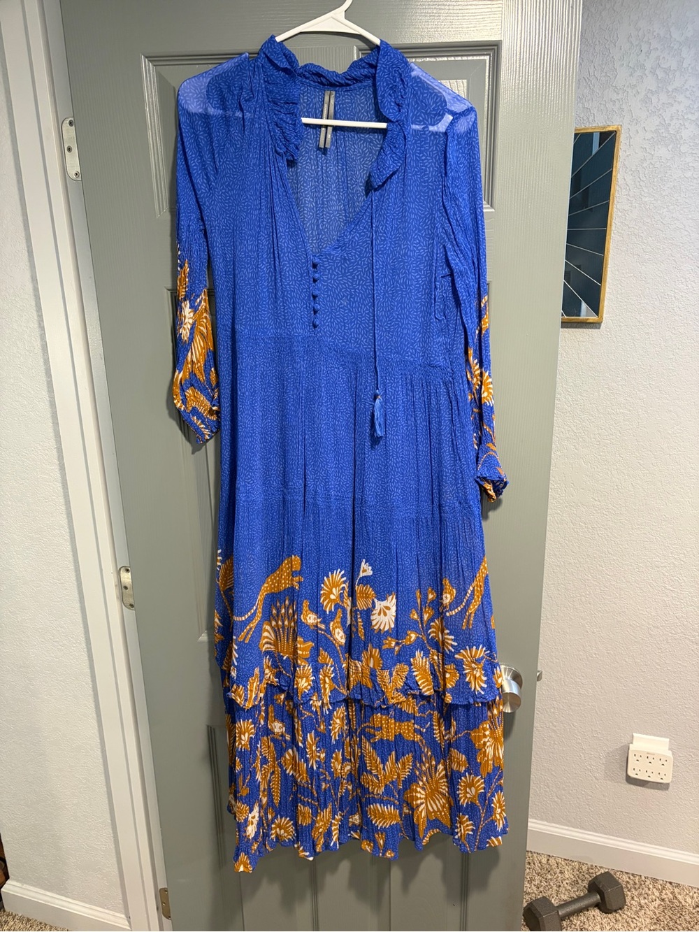 Anthropologie XSP Boho Floral Tiered Maxi Dress in Royal Blue and Mustard